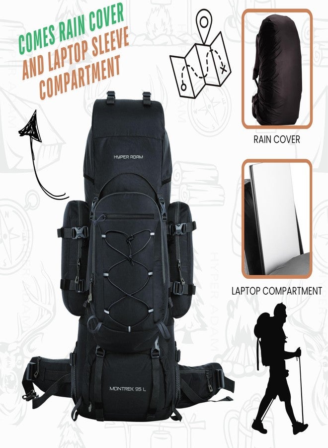 Hyper Adam 95L Rucksack with Detachable Bag & Rain Cover for Trekking & Travelling| Mountain Bags For Men & Women | Tough Back Support Hiking Backpack Military Grade Made Rucksack Bag (BLACK) - Image 3