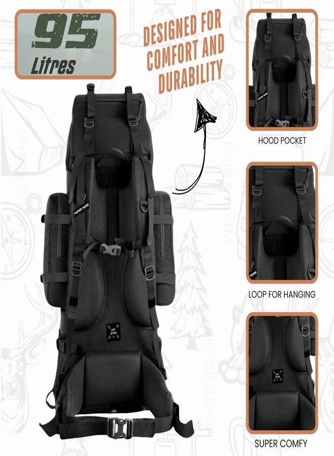 Hyper Adam 95L Rucksack with Detachable Bag & Rain Cover for Trekking & Travelling| Mountain Bags For Men & Women | Tough Back Support Hiking Backpack Military Grade Made Rucksack Bag (BLACK) - Image 4