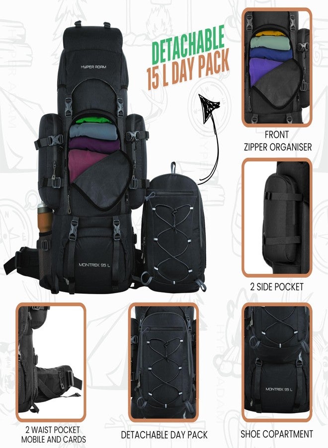 Hyper Adam 95L Rucksack with Detachable Bag & Rain Cover for Trekking & Travelling| Mountain Bags For Men & Women | Tough Back Support Hiking Backpack Military Grade Made Rucksack Bag (BLACK) - Image 2
