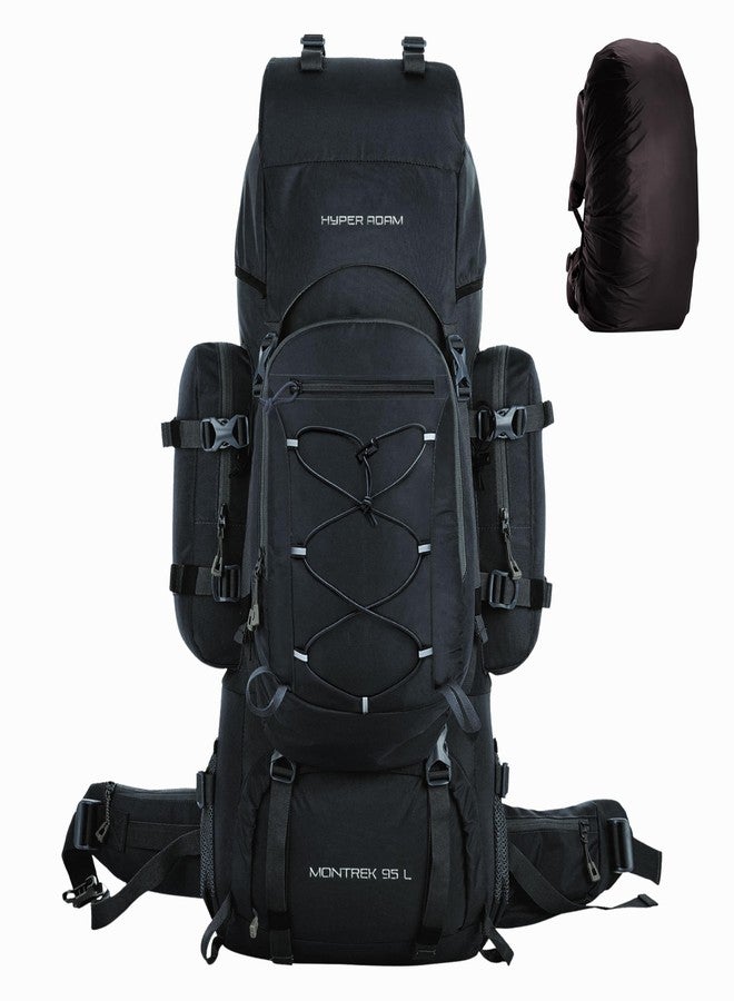 Hyper Adam 95L Rucksack with Detachable Bag & Rain Cover for Trekking & Travelling| Mountain Bags For Men & Women | Tough Back Support Hiking Backpack Military Grade Made Rucksack Bag (BLACK) - Image 1