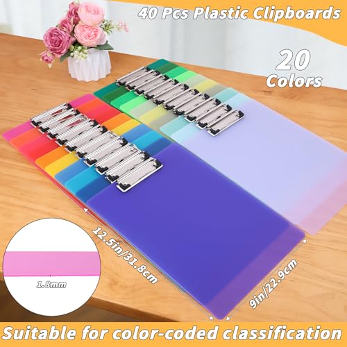 UZLU 40 Pcs Plastic Clipboards Bulk 20 Assorted Colors 12.5 x 9 In Clear Colored Clip Board Standard A4 Letter Size Low Profile Clipboard Portable for Classroom Office Supplies Students Back to School - Image 2