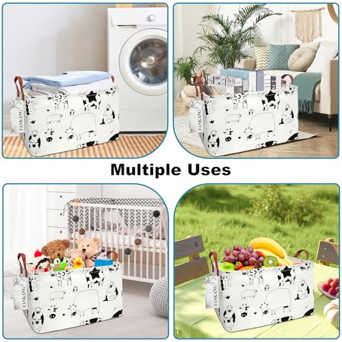 FANKANG Storage Basket,Nursery Hamper Canvas Laundry Basket Foldable with Waterproof PE Coating Storage, Office, Bedroom, Clothes,Toys(L, Rec-cows) - Image 5