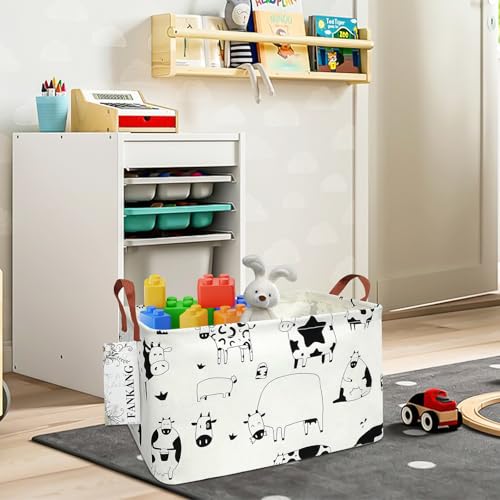 FANKANG Storage Basket,Nursery Hamper Canvas Laundry Basket Foldable with Waterproof PE Coating Storage, Office, Bedroom, Clothes,Toys(L, Rec-cows) - Image 3