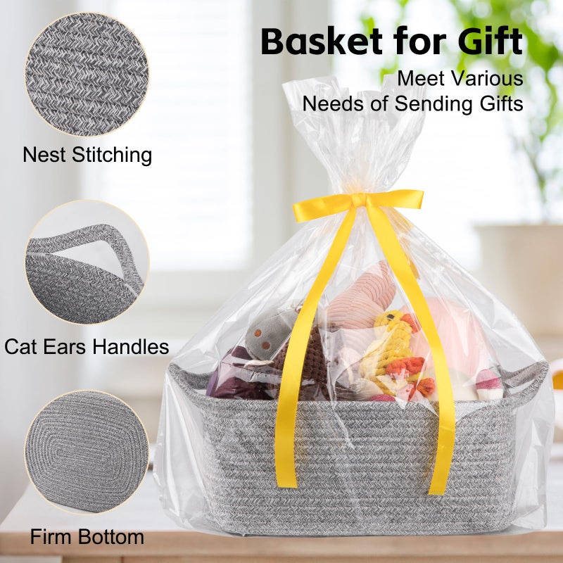 OIAHOMY Woven Basket, Gift Basket Empty with Gift Bags and Ribbons, Rope Baskets for Baby Showers, Storage Baskets with Handles for Nursery, Pet Toy Organizer - Grey - Image 3
