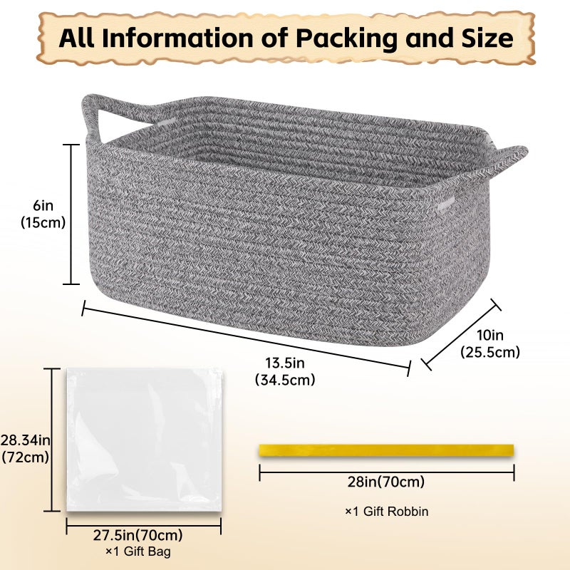 OIAHOMY Woven Basket, Gift Basket Empty with Gift Bags and Ribbons, Rope Baskets for Baby Showers, Storage Baskets with Handles for Nursery, Pet Toy Organizer - Grey - Image 2