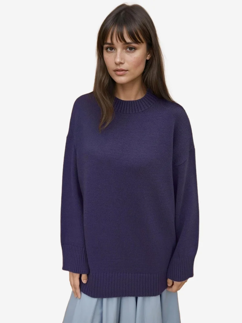 HICCUP Thick Knit Crew Neck Long Sweater