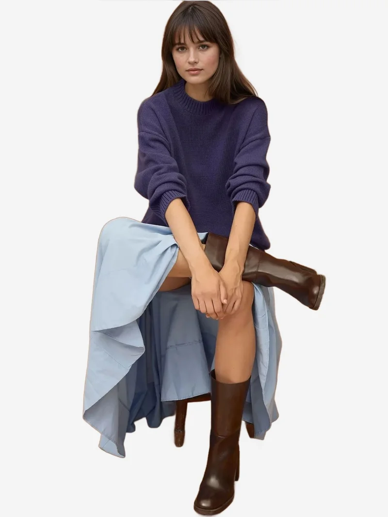 HICCUP Thick Knit Crew Neck Long Sweater