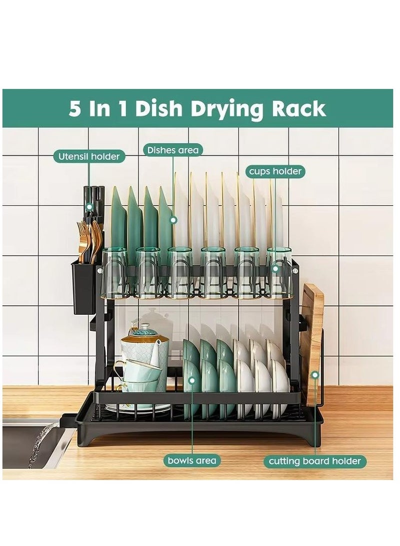Toshionics Minsal 2 Tier Dish Drying Rack with 360Â° Spout Drainboard, Cutlery Holder, Cutting-Board/Cup Holder and 3 Hooks for Kitchen Counter, Rust-Proof Large Dish Drainer, Black - Image 2