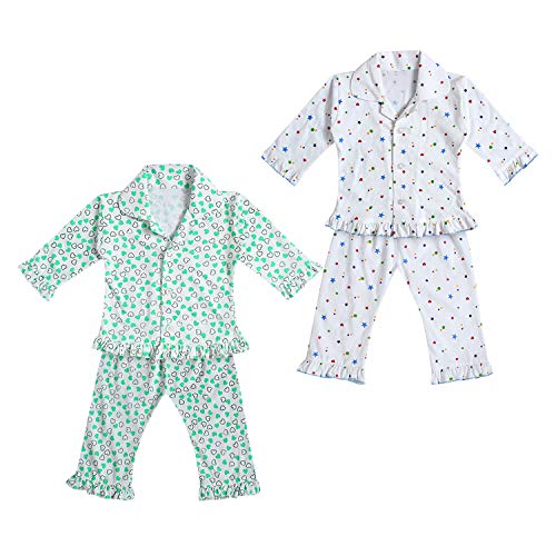superminis Baby Girl's Printed Hosiery Cotton Full Sleeves Night Suit with Frill On Pajama Set T Shirt and Pyjama, Pack of 2 (2-3 Years, Heart and Star), Multicolor - Image 1