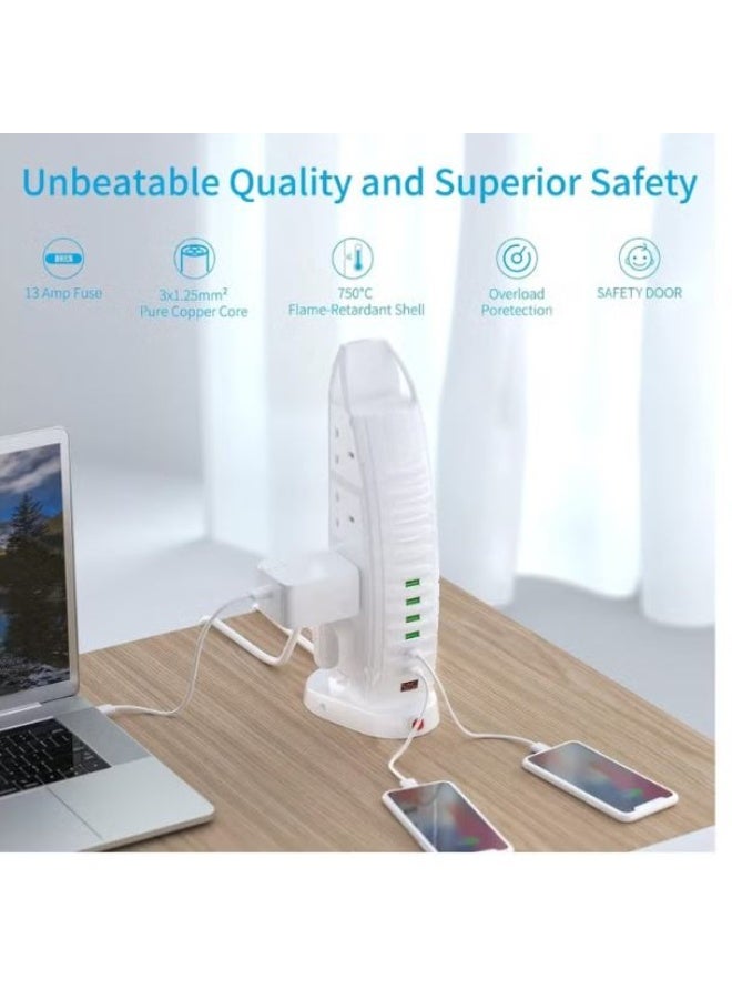 راين قابس تمديد طاقة عمودي على شكل برج العرب، 8 منافذ تيار متردد، 6 منافذ USB (2 تايب سي، 4 يو اس بي-ايه)، كابل 2 متر مع مفاتيح تحكم - Image 4