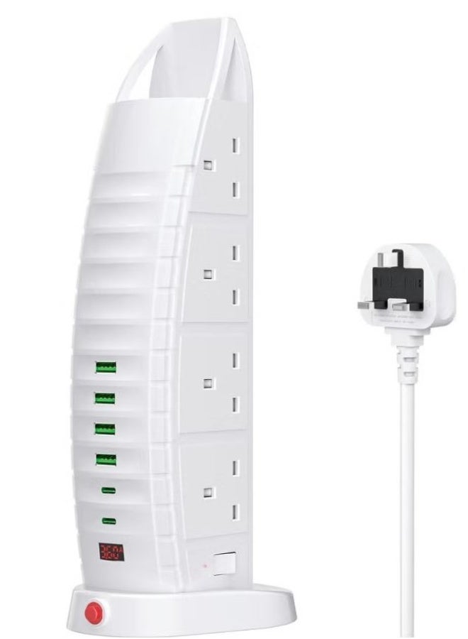 راين قابس تمديد طاقة عمودي على شكل برج العرب، 8 منافذ تيار متردد، 6 منافذ USB (2 تايب سي، 4 يو اس بي-ايه)، كابل 2 متر مع مفاتيح تحكم - Image 1