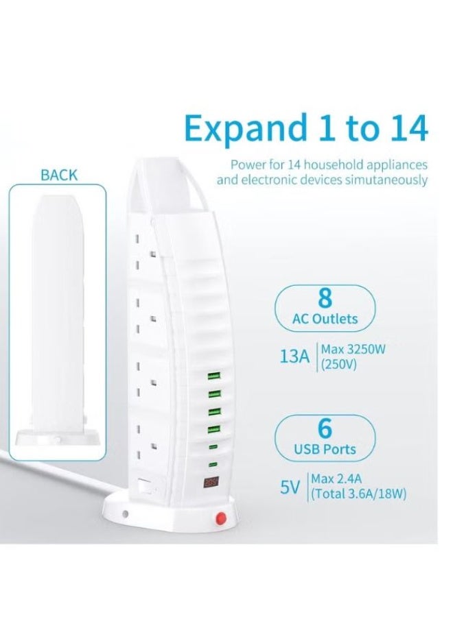 راين قابس تمديد طاقة عمودي على شكل برج العرب، 8 منافذ تيار متردد، 6 منافذ USB (2 تايب سي، 4 يو اس بي-ايه)، كابل 2 متر مع مفاتيح تحكم - Image 2