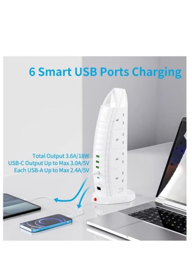راين قابس تمديد طاقة عمودي على شكل برج العرب، 8 منافذ تيار متردد، 6 منافذ USB (2 تايب سي، 4 يو اس بي-ايه)، كابل 2 متر مع مفاتيح تحكم - Image 3