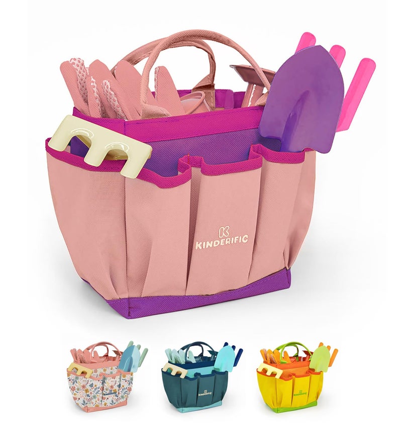 Kinderific Gardening Set, Tool Kit, for Kids, STEM, Includes Tote Bag, Spade, Watering Can, Rake, Fork, Trowel and Gloves (Princess Pink) - Image 1