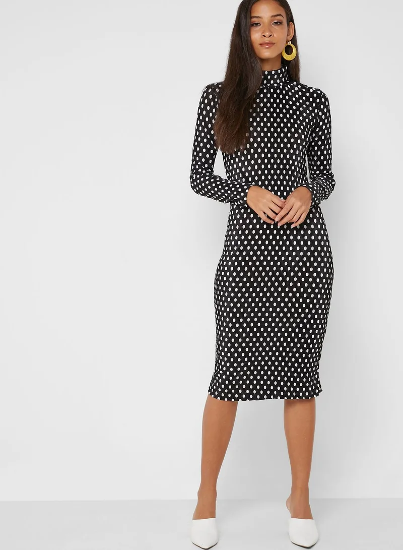 ELLA Polka Dot Polo Neck Midi Dress