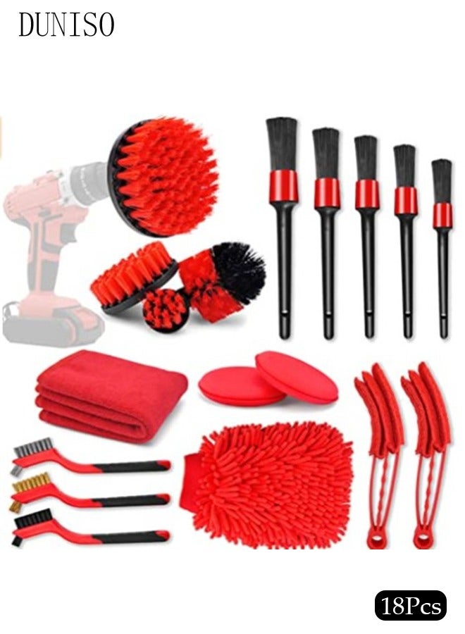 DUNISO 18 Pieces Drill Brush Attachment Set, Wash Mitt Sponge Towels Tire Brush Duster Complete Interior Car Care Kit Drill Cleaning Brush for Wheel Brush for Bathroom, Floor, Bathtub, Car  - Image 1