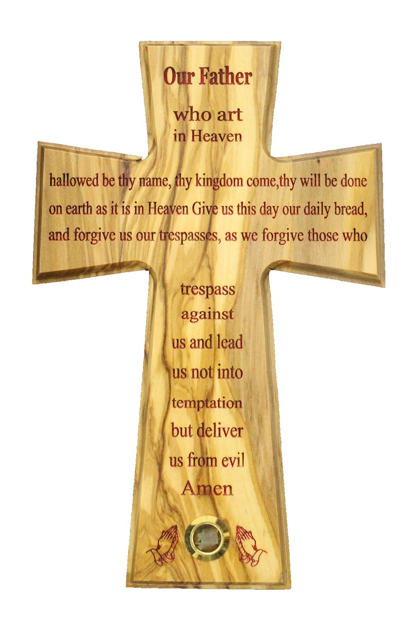 The Lordâ€™s Prayer Wall Cross Olive wood Handmade in Bethlehem and Jerusalem the Holy Land, One of a Kind very Special with olive leaves laser prints for Home, Office and churches