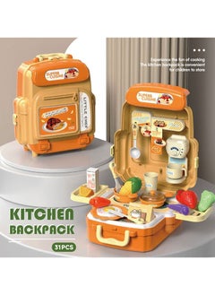Swift 31 Pcs Tableware Kitchen Toy with Backpack Pretend Cooking Food Play Dinnerware Set Safe Cute Children Girl Toy Gift Fun Game Toy Kitchen Orange  - Image 3