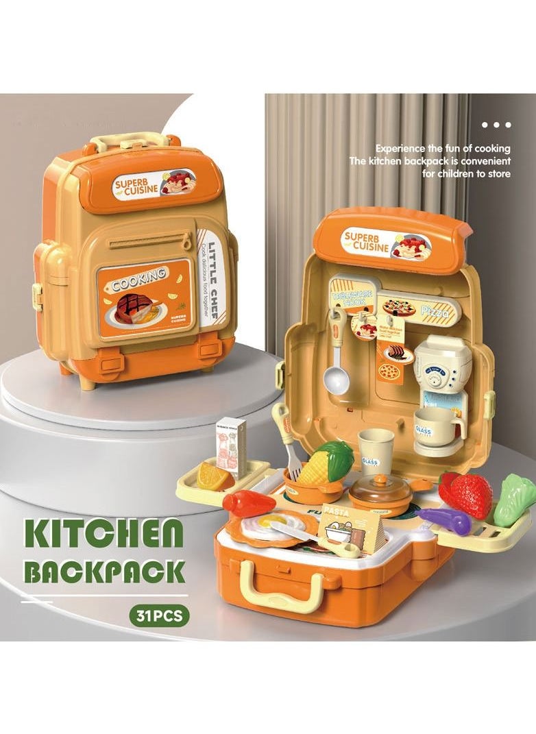 Swift 31 Pcs Tableware Kitchen Toy with Backpack Pretend Cooking Food Play Dinnerware Set Safe Cute Children Girl Toy Gift Fun Game Toy Kitchen Orange  - Image 3