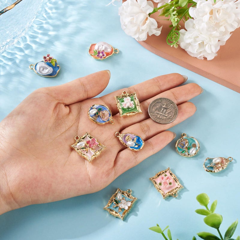 Boutigem 10Pcs Oil Painting Enamel Flower Charms Flat Round Rectangle Oval Vintage Floral Pendants with Imitation Pearl Flower Metal Charms for DIY Necklace Earring Bracelet Jewelry Making - Image 4