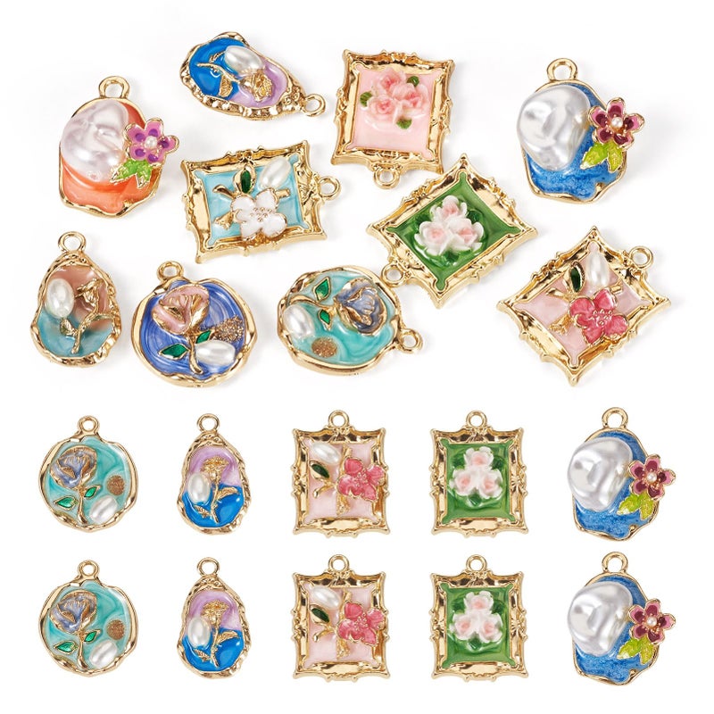 Boutigem 10Pcs Oil Painting Enamel Flower Charms Flat Round Rectangle Oval Vintage Floral Pendants with Imitation Pearl Flower Metal Charms for DIY Necklace Earring Bracelet Jewelry Making - Image 1