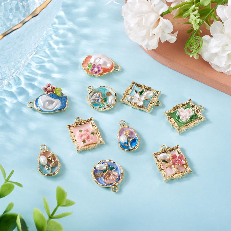 Boutigem 10Pcs Oil Painting Enamel Flower Charms Flat Round Rectangle Oval Vintage Floral Pendants with Imitation Pearl Flower Metal Charms for DIY Necklace Earring Bracelet Jewelry Making - Image 5