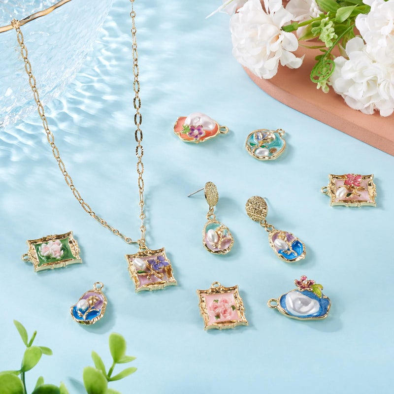 Boutigem 10Pcs Oil Painting Enamel Flower Charms Flat Round Rectangle Oval Vintage Floral Pendants with Imitation Pearl Flower Metal Charms for DIY Necklace Earring Bracelet Jewelry Making - Image 3
