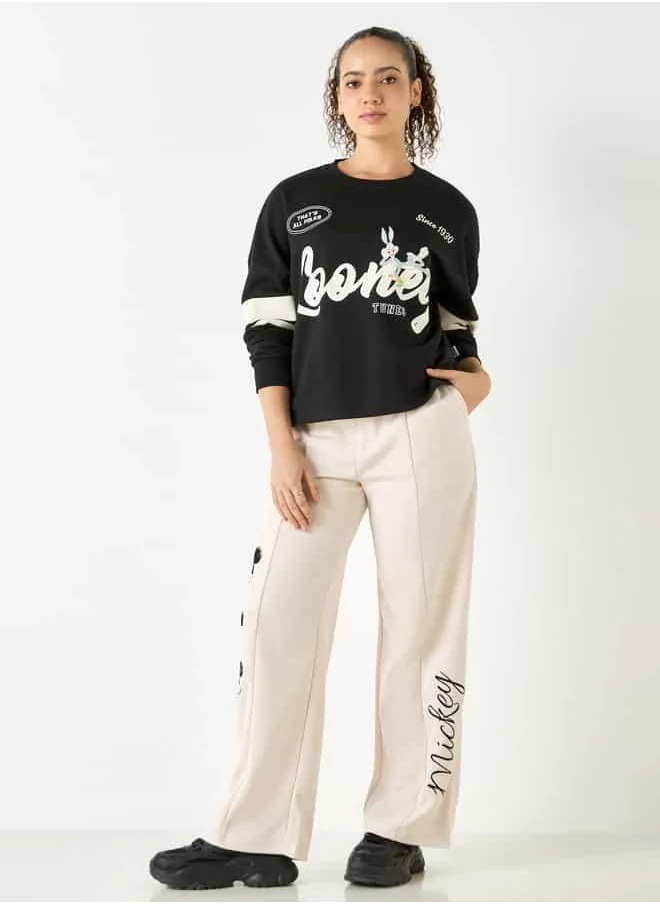 SP Characters Mickey Mouse Print Wide Leg Pants with Pintuck Detail