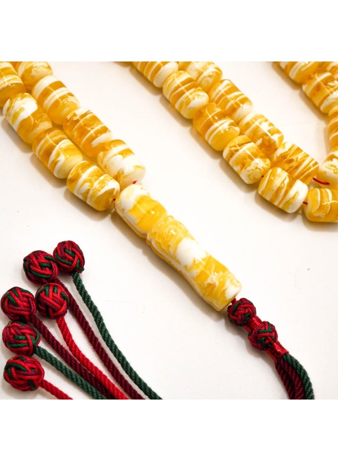Luxury Amber Imitation Premium Mastic Tasbih 45 Beads | Yellow White Striped Mastika Misbaha | Natural Resin Prayer Beads for Dhikr | B45 S/W - Image 3