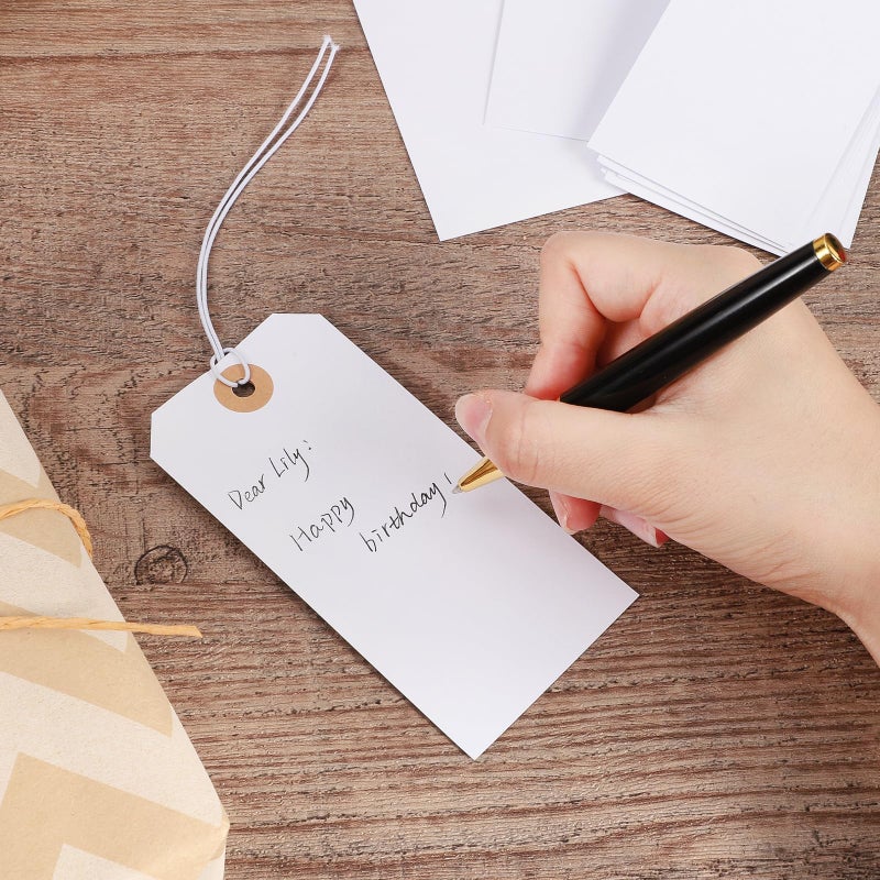 Prudiut 100pcs Large Price Tags with String Attached White Hang Paper Tags with Elastic String Reinforced Hole Writable Valentines Gift Tag Inventory Tag 4.76''Ã—2.36'' - Image 5