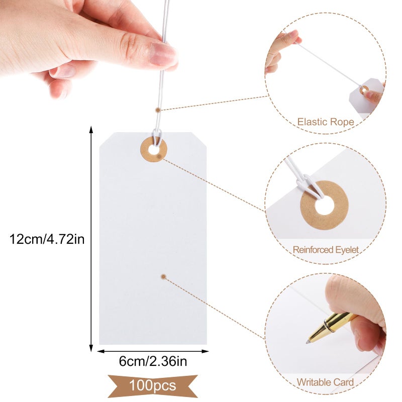 Prudiut 100pcs Large Price Tags with String Attached White Hang Paper Tags with Elastic String Reinforced Hole Writable Valentines Gift Tag Inventory Tag 4.76''Ã—2.36'' - Image 2
