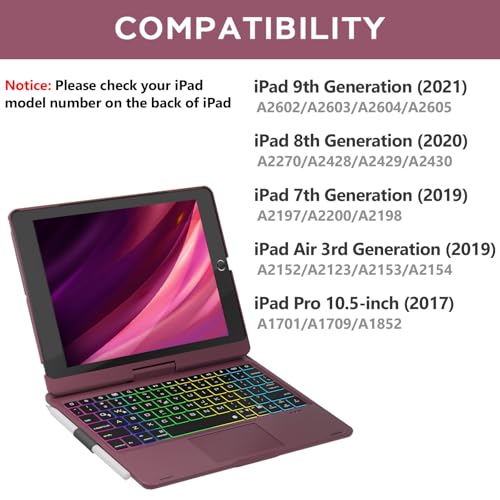 NOKBABO iPad 9th Generation Case with Keyboard 360° Rotatable Touchpad and 7 Color Backlight & Pencil Holder for iPad 9th/8th/7th Gen 10.2 inch & iPad Air 3rd Gen/iPad Pro 10.5 inch - Mulberry - Image 2