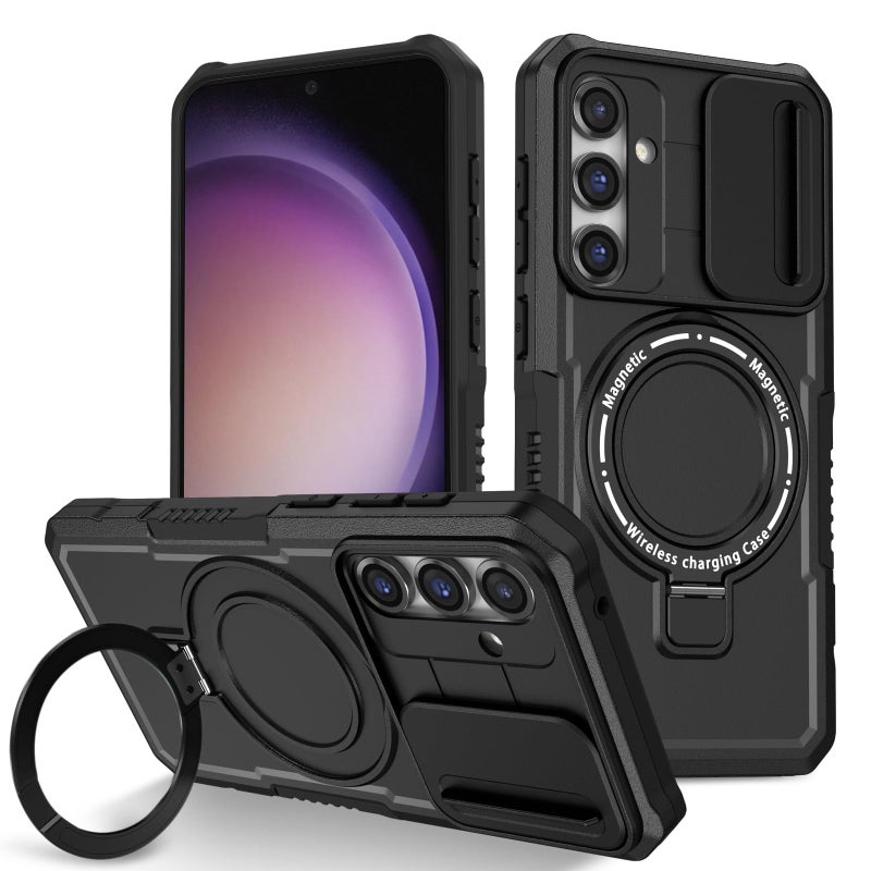 TERRIFI Case for Magnetic Multifunctional Phone for Samsung Galaxy S23 FE with 180 Rotate Ring Holder Shockproof Cover with Invisible Bracket and Lens Protection Support Wireless Charging Black