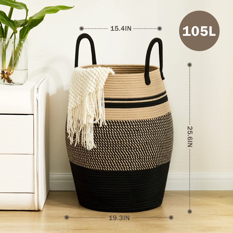 Fiona's magic 105L Extra Large Laundry Hamper Basket by Fiona's magic, Woven Tall Clothes Hamper for Storage Blanket, Toys and Dirty Cothes in Bedroom and Living Room Organizer, Brown & Black - Image 5