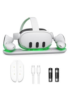 VR Charging Station for Oculus/Meta Quest 3 - Dual Charging Dock with LED Indicator for Headset and Touch Controllers, Includes 2 Rechargeable Batteries for Simultaneous Charging.