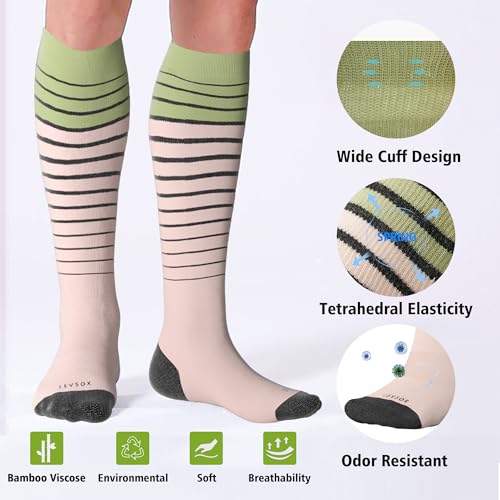 LEVSOX Viscose Made from Bamboo Compression Socks for Pregnant Women 20-30 mmHg Knee High Cute Funny Mens Supports Socks for Nurses, Medical, Travel and Flight, Stripe - Image 3