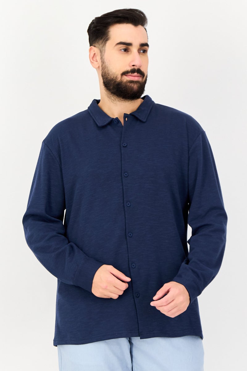 Core Elements Men Regular Fit Heather Long Sleeve Casual Shirt, Navy - Image 1