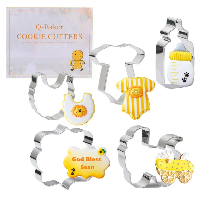 Q-BAKER 5 Pieces Baby Shower Cookie Cutters Cute Shapes of Onesie  Bib  Plaque/Frame Baby Bottle  Baby Carriage for Baby Showers  Reveal Parties with Receipe Book - Image 5