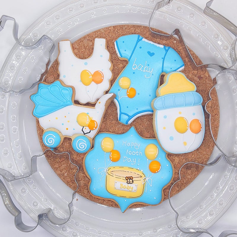 Q-BAKER 5 Pieces Baby Shower Cookie Cutters Cute Shapes of Onesie  Bib  Plaque/Frame Baby Bottle  Baby Carriage for Baby Showers  Reveal Parties with Receipe Book - Image 1