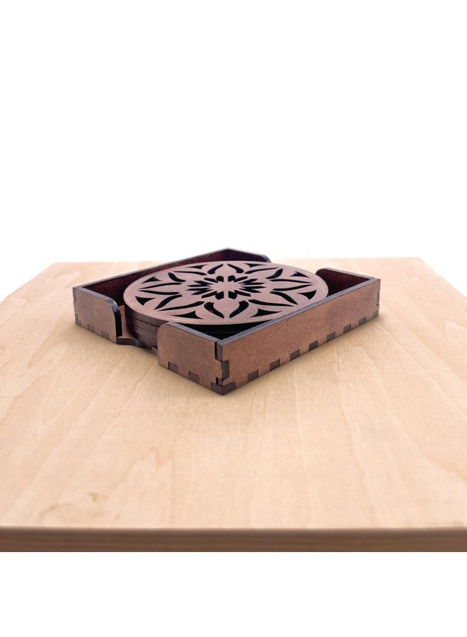 IndionArt Sapta 77mm Decorative Wooden Tea Coaster Set with Stand Hand-Painted Spill-Resistant Mandala Design (4, Clove Brown) - Image 2