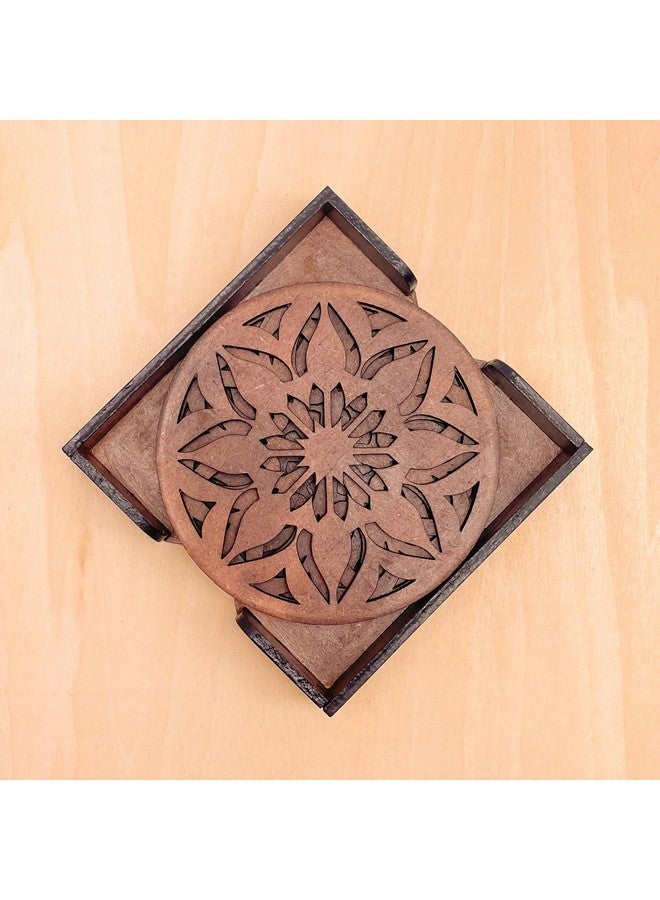 IndionArt Sapta 77mm Decorative Wooden Tea Coaster Set with Stand Hand-Painted Spill-Resistant Mandala Design (4, Clove Brown) - Image 1