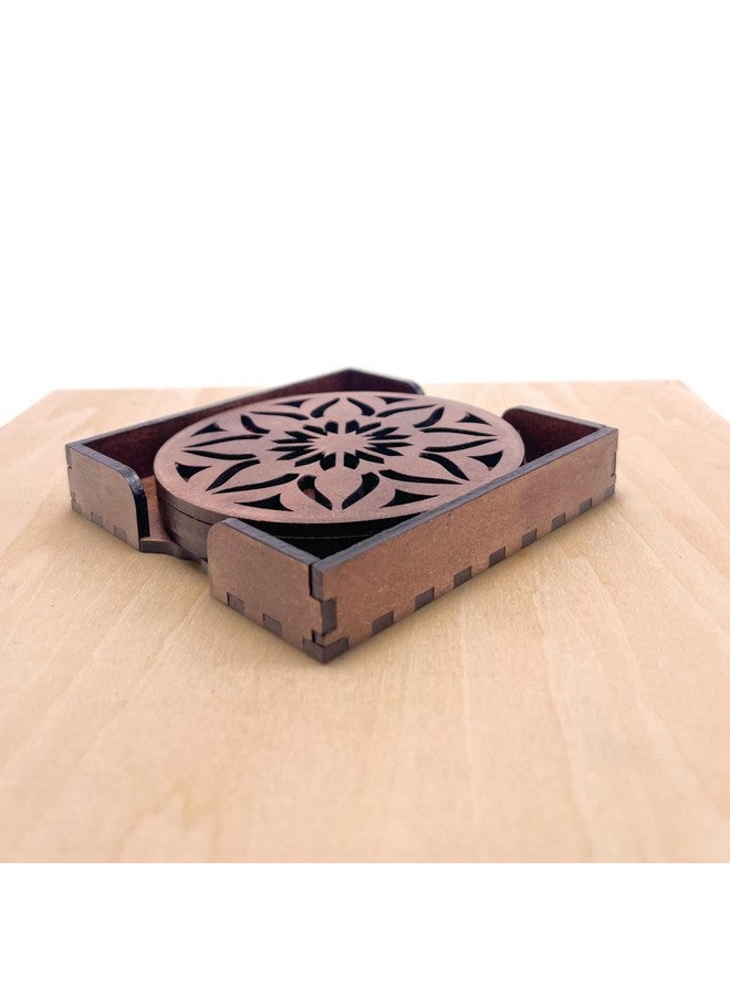 IndionArt Sapta 77mm Decorative Wooden Tea Coaster Set with Stand Hand-Painted Spill-Resistant Mandala Design (4, Clove Brown) - Image 3