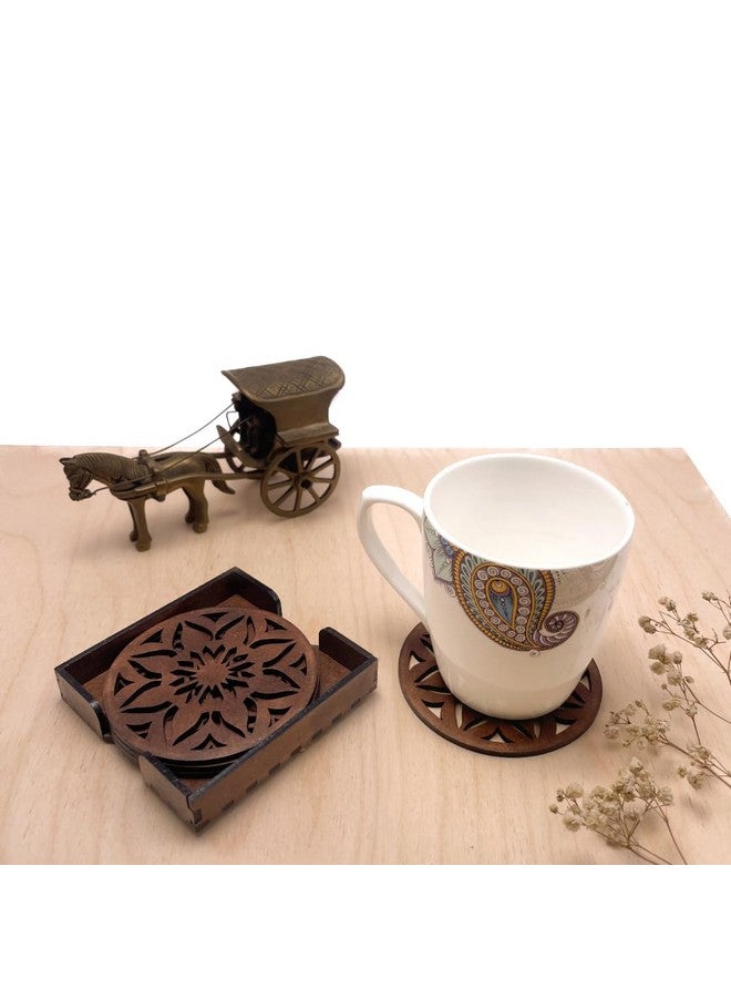 IndionArt Sapta 77mm Decorative Wooden Tea Coaster Set with Stand Hand-Painted Spill-Resistant Mandala Design (4, Clove Brown) - Image 4
