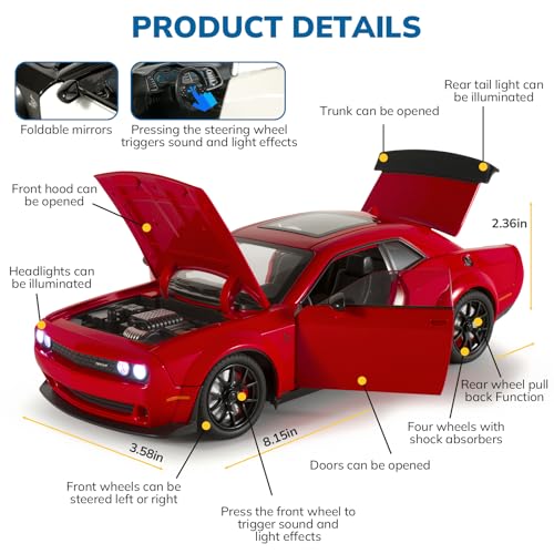 FRJV Car Toys for Boys 124 Diecast Cars Hellcat SRT Collectibles Model KitPull Back Metal Toy Car with Lights and SoundsToy Cars for Boys Age 47Red - Image 5