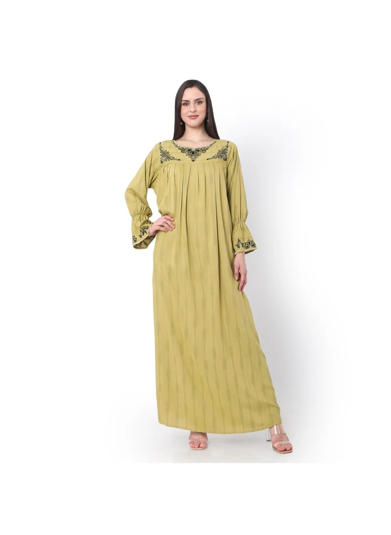 HANA & SARA PURE VISCOSE WITH PRINTED AND EMBROIDRED GREEN ARABIC JALABIYA KAFTAN DRESS