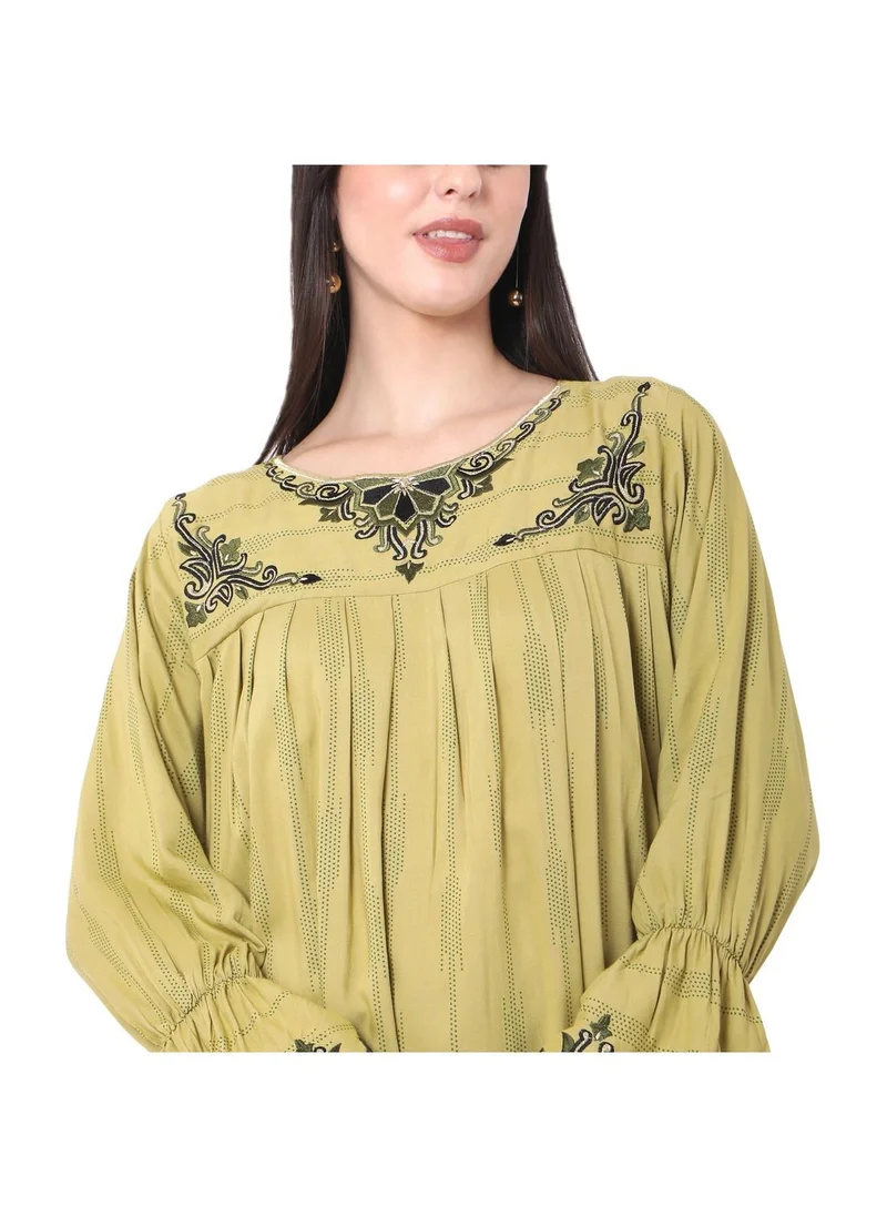 HANA & SARA PURE VISCOSE WITH PRINTED AND EMBROIDRED GREEN ARABIC JALABIYA KAFTAN DRESS