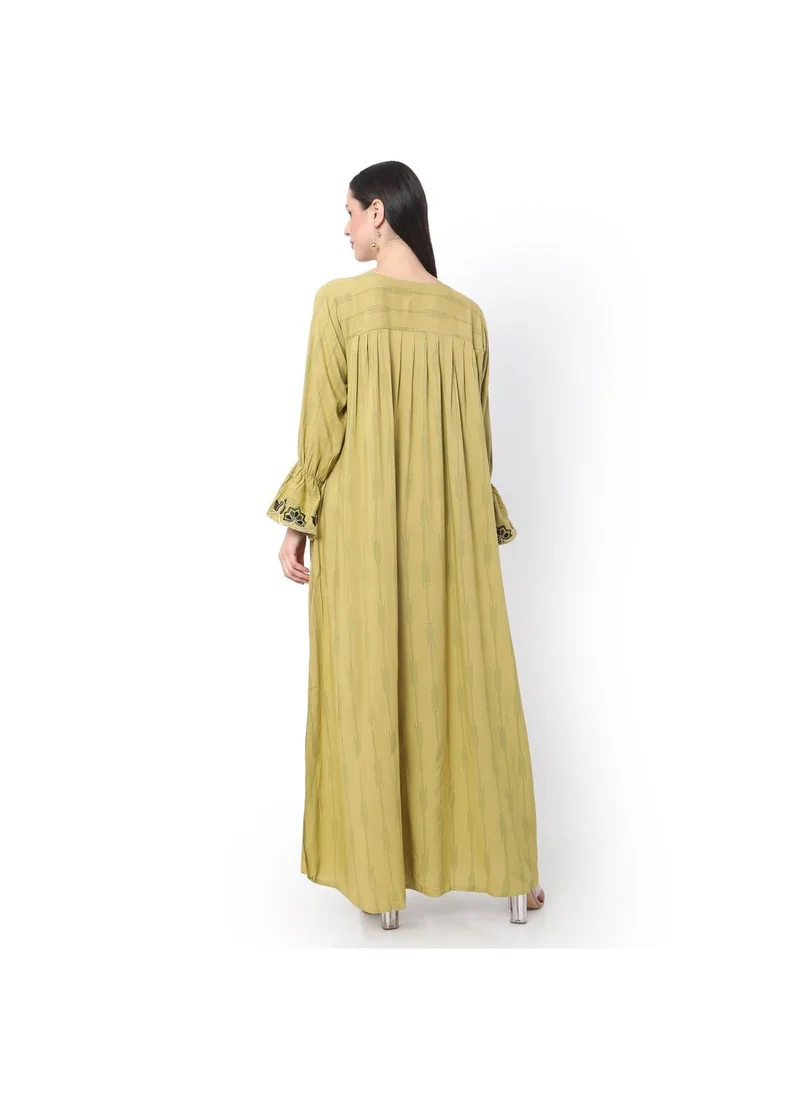 هانا آند سارا PURE VISCOSE WITH PRINTED AND EMBROIDRED GREEN ARABIC JALABIYA KAFTAN DRESS