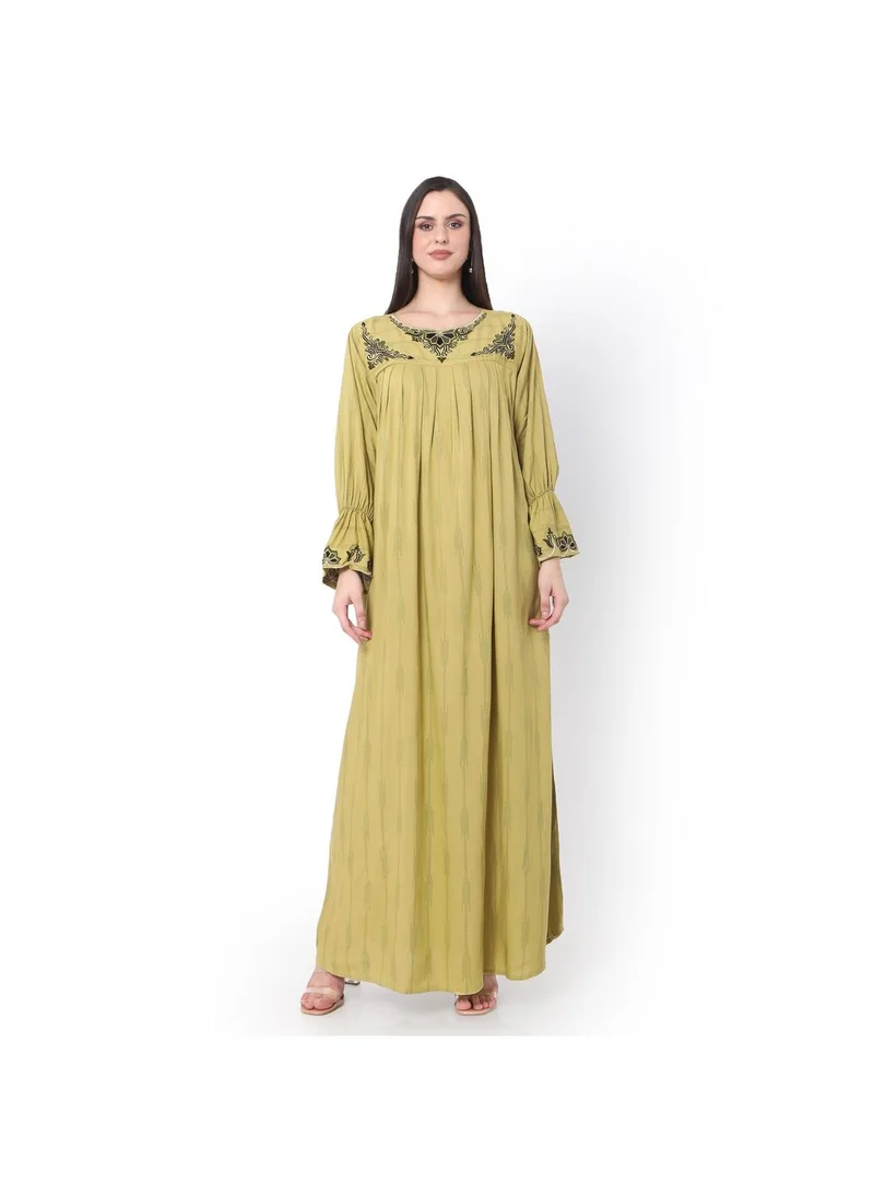 HANA & SARA PURE VISCOSE WITH PRINTED AND EMBROIDRED GREEN ARABIC JALABIYA KAFTAN DRESS