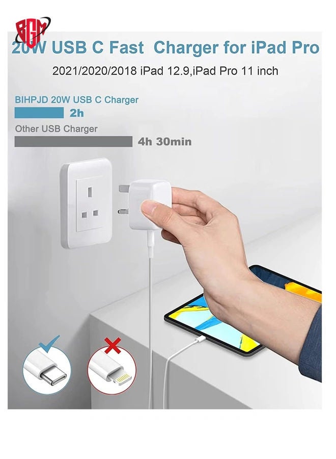 USB C charger and plug for ipad Pro, 20W Wall Fast Charger with 6.6FT USB C Fast Charging Cable Compatible for iPad Pro 12.9 5/4/3 Gen,iPad Pro 11 3/2/1 Gen,iPad Air 4,Galaxy S21/Note20, Pixel 5