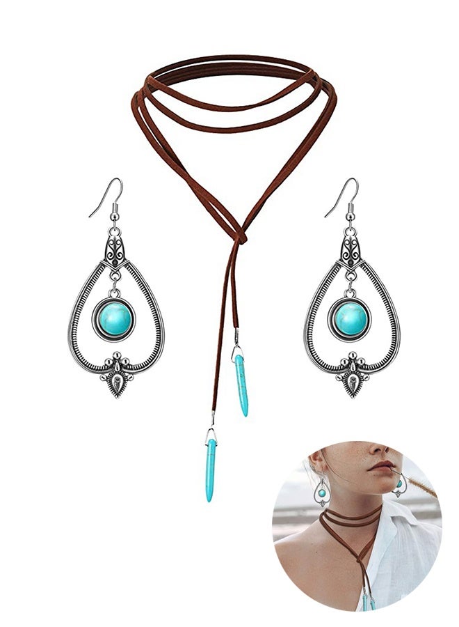 Lemon 2 Set Western Turquoise Jewelry for Women, 1 Pcs Bohemian Turquoise Pendant Long Necklace Suede Pendant Choker and 1 Pairs Western Boho Earrings - Image 1